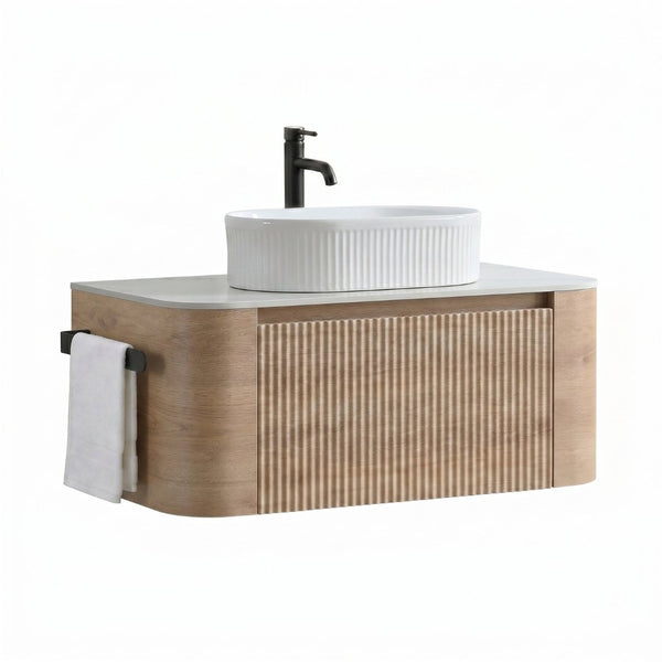 English Elm Erba 36 Inch Fluted Bathroom Vanity with Ceramic Vessel Sink and Matching Towel Rack Honey Oak White W1865S00301