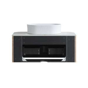 English Elm Erba 36 Inch Fluted Bathroom Vanity with Ceramic Vessel Sink and Matching Towel Rack Honey Oak White W1865S00301