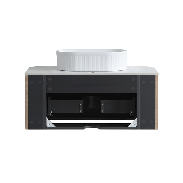 English Elm Erba 36 Inch Fluted Bathroom Vanity with Ceramic Vessel Sink and Matching Towel Rack Honey Oak White W1865S00301