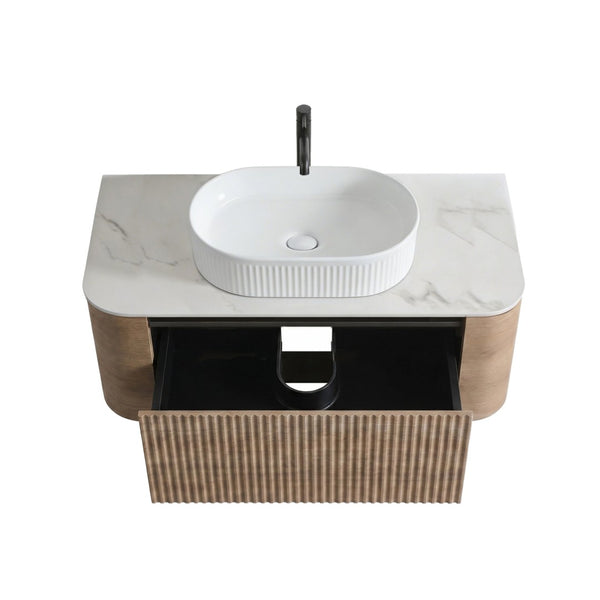 English Elm Erba 36 Inch Fluted Bathroom Vanity with Ceramic Vessel Sink and Matching Towel Rack Honey Oak White W1865S00301