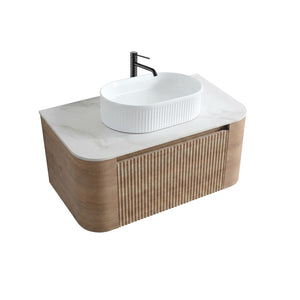 English Elm Erba 36 Inch Fluted Bathroom Vanity with Ceramic Vessel Sink and Matching Towel Rack Honey Oak White W1865S00301