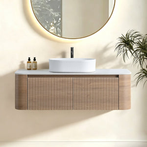 English Elm Erba 48 Inch Fluted Wall Mount Bathroom Vanity with Oval Ceramic Basin and Towel Rack Honey Oak White W1865S00302