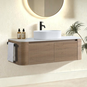 English Elm Erba 48 Inch Fluted Wall Mount Bathroom Vanity with Oval Ceramic Basin and Towel Rack Honey Oak White W1865S00302