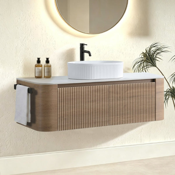 English Elm Erba 48 Inch Fluted Wall Mount Bathroom Vanity with Oval Ceramic Basin and Towel Rack Honey Oak White W1865S00302