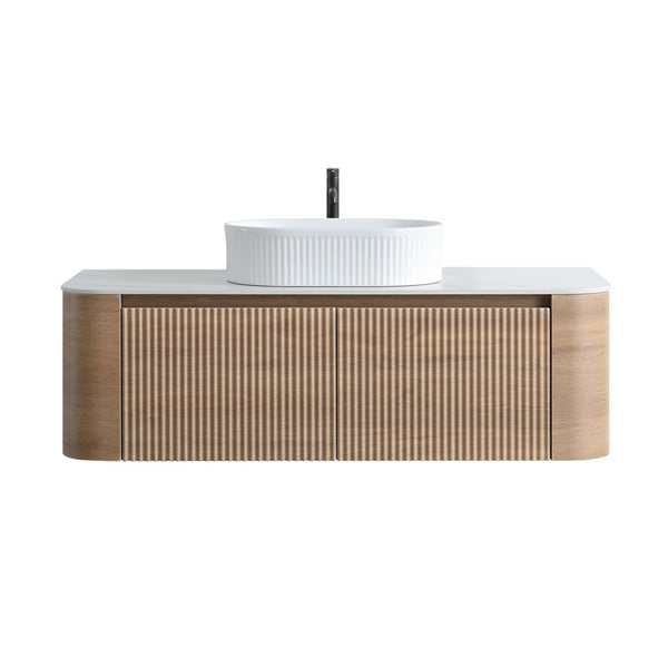 English Elm Erba 48 Inch Fluted Wall Mount Bathroom Vanity with Oval Ceramic Basin and Towel Rack Honey Oak White W1865S00302