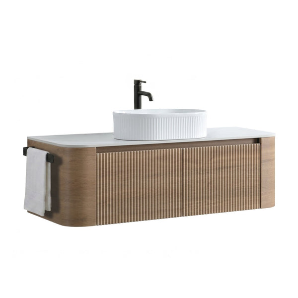 English Elm Erba 48 Inch Fluted Wall Mount Bathroom Vanity with Oval Ceramic Basin and Towel Rack Honey Oak White W1865S00302