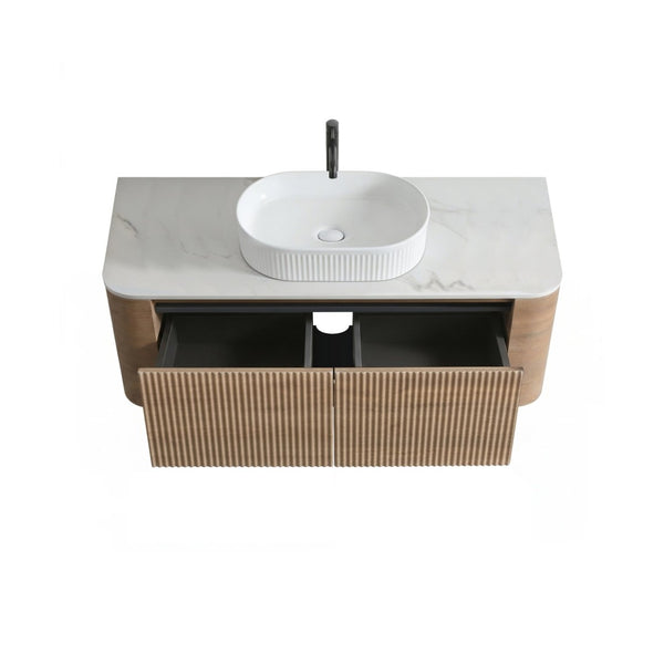 English Elm Erba 48 Inch Fluted Wall Mount Bathroom Vanity with Oval Ceramic Basin and Towel Rack Honey Oak White W1865S00302