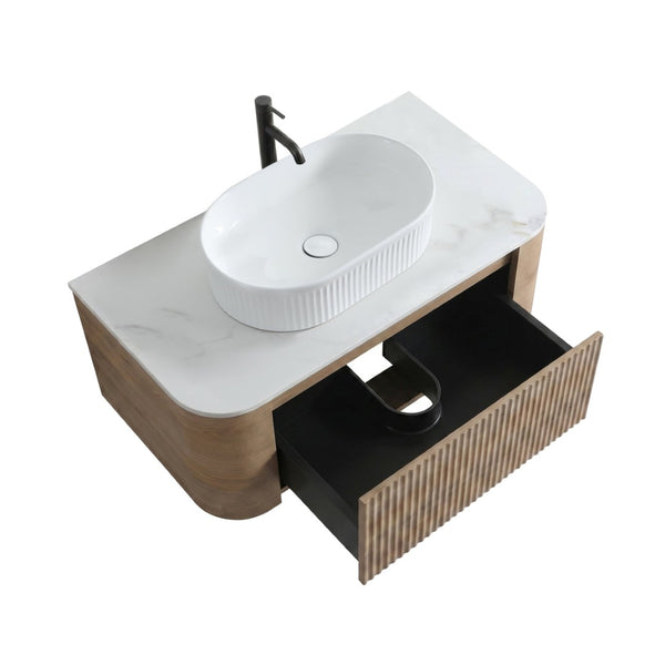 English Elm Erba 48 Inch Fluted Wall Mount Bathroom Vanity with Oval Ceramic Basin and Towel Rack Honey Oak White W1865S00302