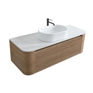 English Elm Erba 48 Inch Fluted Wall Mount Bathroom Vanity with Oval Ceramic Basin and Towel Rack Honey Oak White W1865S00302