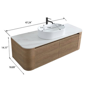 English Elm Erba 48 Inch Fluted Wall Mount Bathroom Vanity with Oval Ceramic Basin and Towel Rack Honey Oak White W1865S00302