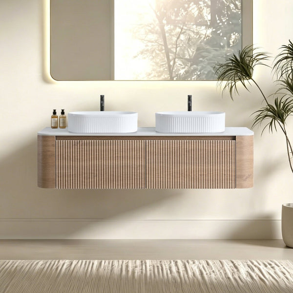 English Elm Erba 60 Inch Double Sink Bathroom Vanity Fluted Panels Oval Ceramic Basins Spa Style Honey Oak White W1865S00303