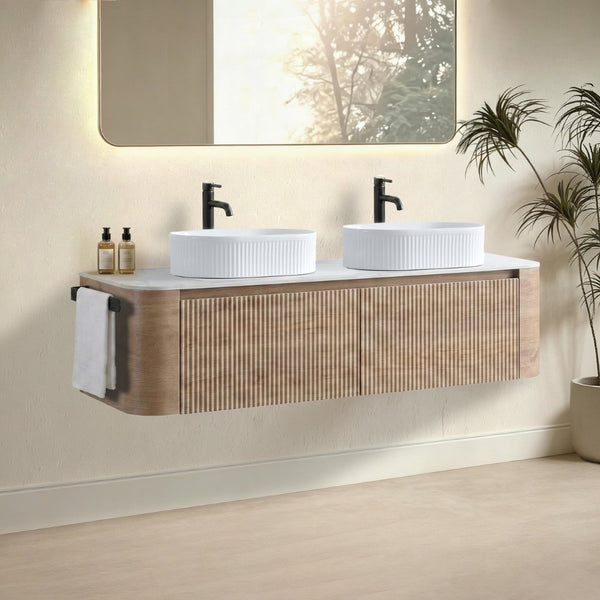 English Elm Erba 60 Inch Double Sink Bathroom Vanity Fluted Panels Oval Ceramic Basins Spa Style Honey Oak White W1865S00303