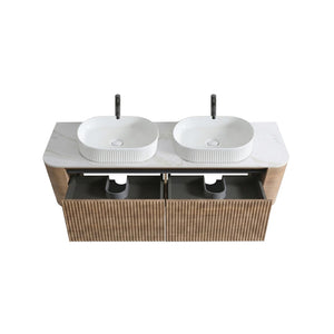 English Elm Erba 60 Inch Double Sink Bathroom Vanity Fluted Panels Oval Ceramic Basins Spa Style Honey Oak White W1865S00303