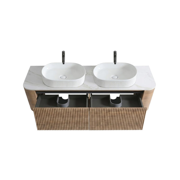 English Elm Erba 60 Inch Double Sink Bathroom Vanity Fluted Panels Oval Ceramic Basins Spa Style Honey Oak White W1865S00303