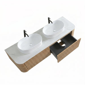 English Elm Erba 60 Inch Double Sink Bathroom Vanity Fluted Panels Oval Ceramic Basins Spa Style Honey Oak White W1865S00303