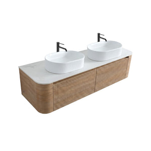 English Elm Erba 60 Inch Double Sink Bathroom Vanity Fluted Panels Oval Ceramic Basins Spa Style Honey Oak White W1865S00303