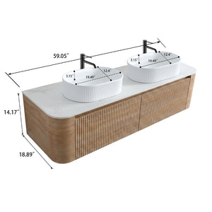 English Elm Erba 60 Inch Double Sink Bathroom Vanity Fluted Panels Oval Ceramic Basins Spa Style Honey Oak White W1865S00303