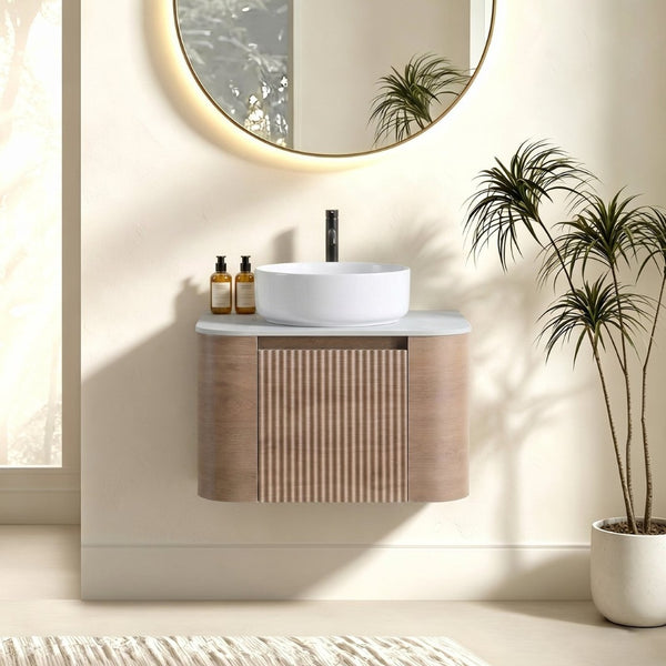 English Elm Erba 24 Inch Fluted Wall Mounted Vanity with Ceramic Sink and Soft Close Drawer Honey Oak W1865S00305