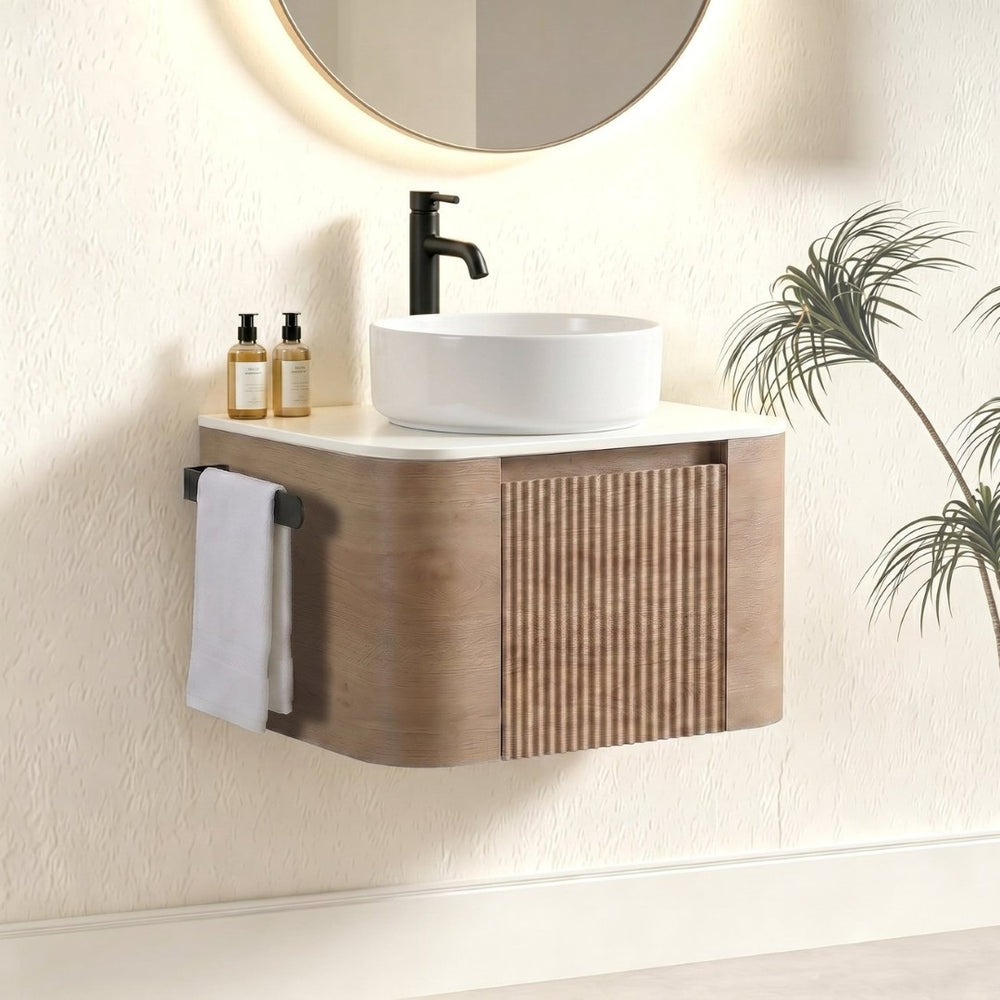 English Elm Erba 24 Inch Fluted Wall Mounted Vanity with Ceramic Sink and Soft Close Drawer Honey Oak W1865S00305