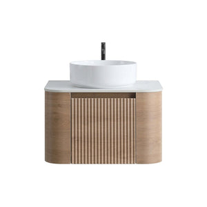 English Elm Erba 24 Inch Fluted Wall Mounted Vanity with Ceramic Sink and Soft Close Drawer Honey Oak W1865S00305