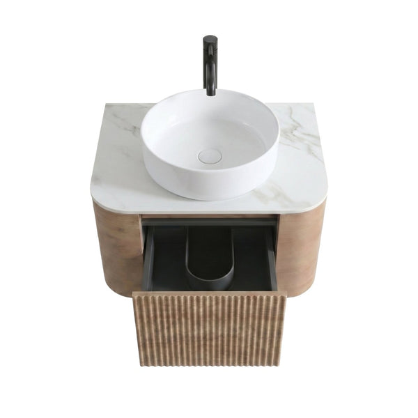 English Elm Erba 24 Inch Fluted Wall Mounted Vanity with Ceramic Sink and Soft Close Drawer Honey Oak W1865S00305