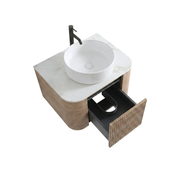 English Elm Erba 24 Inch Fluted Wall Mounted Vanity with Ceramic Sink and Soft Close Drawer Honey Oak W1865S00305
