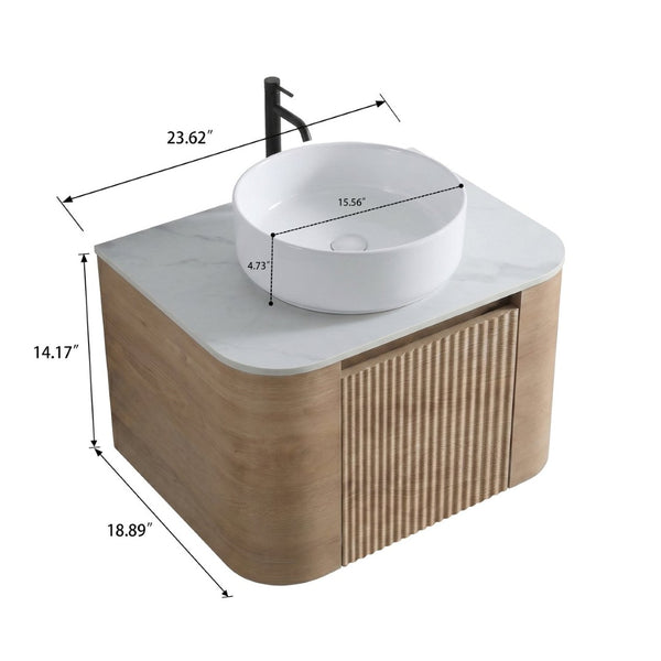 English Elm Erba 24 Inch Fluted Wall Mounted Vanity with Ceramic Sink and Soft Close Drawer Honey Oak W1865S00305