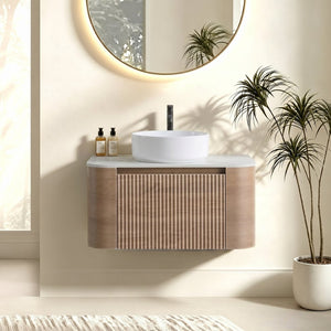 English Elm Erba 30 Inch Fluted Wall Mount Bathroom Vanity with Ceramic Sink and Towel Rack Honey Oak W1865S00306