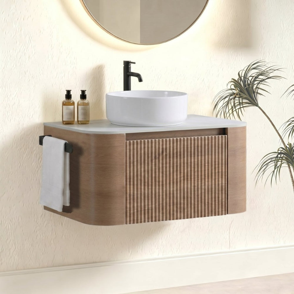English Elm Erba 30 Inch Fluted Wall Mount Bathroom Vanity with Ceramic Sink and Towel Rack Honey Oak W1865S00306