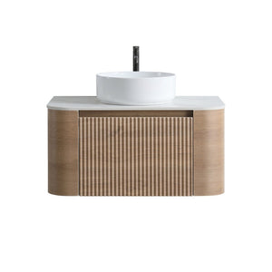 English Elm Erba 30 Inch Fluted Wall Mount Bathroom Vanity with Ceramic Sink and Towel Rack Honey Oak W1865S00306