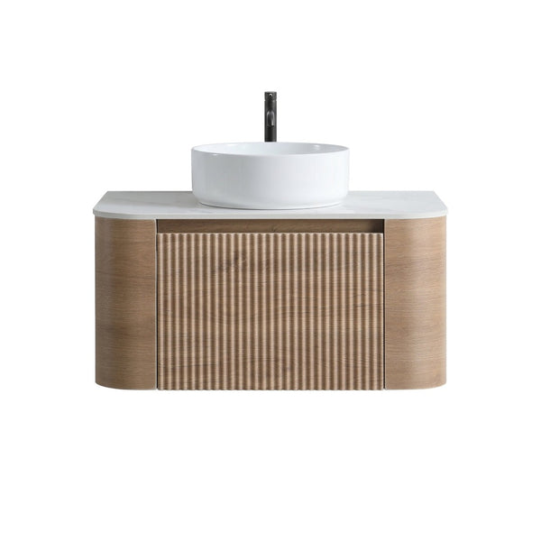 English Elm Erba 30 Inch Fluted Wall Mount Bathroom Vanity with Ceramic Sink and Towel Rack Honey Oak W1865S00306