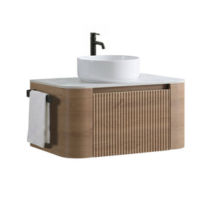 English Elm Erba 30 Inch Fluted Wall Mount Bathroom Vanity with Ceramic Sink and Towel Rack Honey Oak W1865S00306
