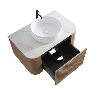 English Elm Erba 30 Inch Fluted Wall Mount Bathroom Vanity with Ceramic Sink and Towel Rack Honey Oak W1865S00306