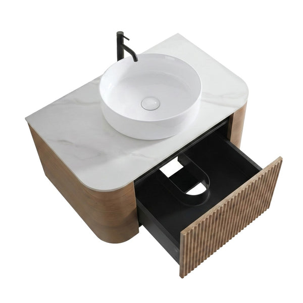 English Elm Erba 30 Inch Fluted Wall Mount Bathroom Vanity with Ceramic Sink and Towel Rack Honey Oak W1865S00306