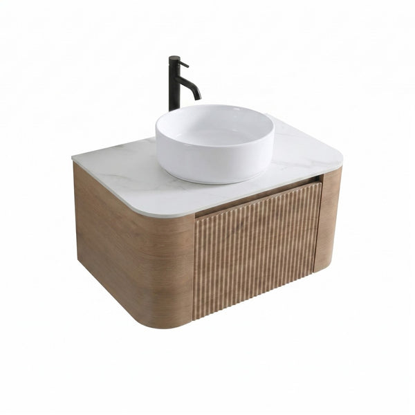 English Elm Erba 30 Inch Fluted Wall Mount Bathroom Vanity with Ceramic Sink and Towel Rack Honey Oak W1865S00306