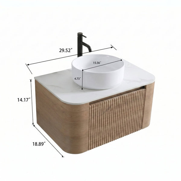 English Elm Erba 30 Inch Fluted Wall Mount Bathroom Vanity with Ceramic Sink and Towel Rack Honey Oak W1865S00306