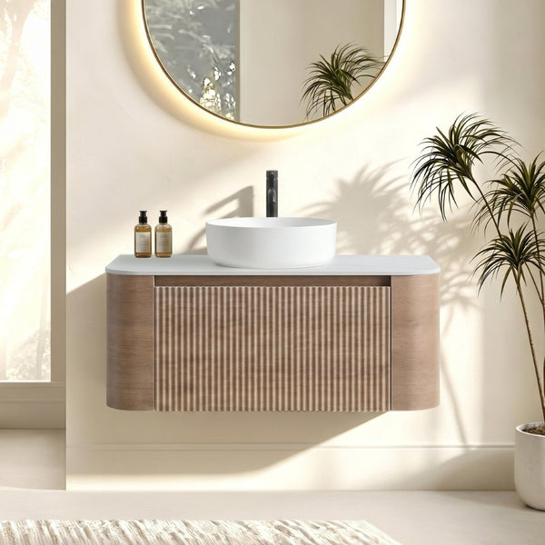 English Elm Erba 36 Inch Fluted Wall Mount Bathroom Vanity with Ceramic Sink and Towel Rack Honey Oak W1865S00307