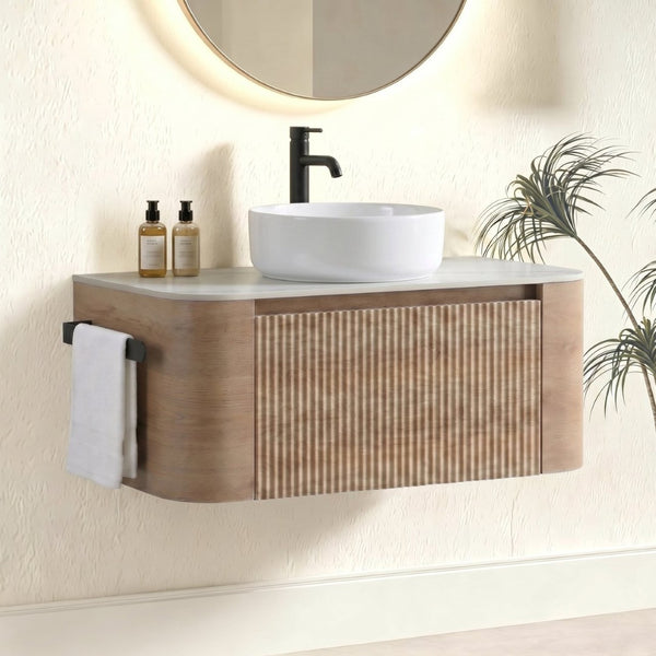 English Elm Erba 36 Inch Fluted Wall Mount Bathroom Vanity with Ceramic Sink and Towel Rack Honey Oak W1865S00307