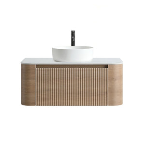 English Elm Erba 36 Inch Fluted Wall Mount Bathroom Vanity with Ceramic Sink and Towel Rack Honey Oak W1865S00307