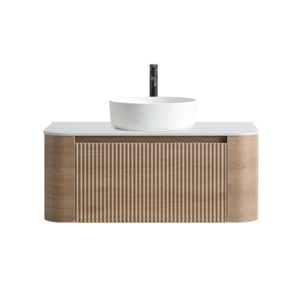 English Elm Erba 36 Inch Fluted Wall Mount Bathroom Vanity with Ceramic Sink and Towel Rack Honey Oak W1865S00307