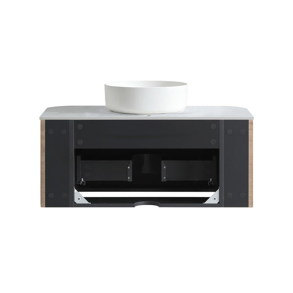 English Elm Erba 36 Inch Fluted Wall Mount Bathroom Vanity with Ceramic Sink and Towel Rack Honey Oak W1865S00307