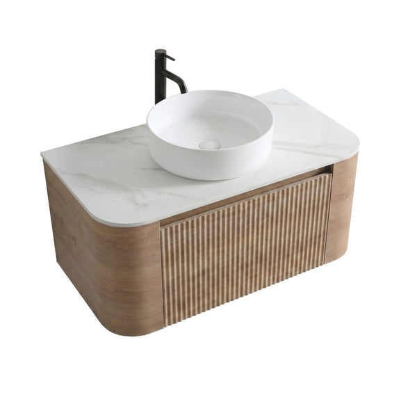 English Elm Erba 36 Inch Fluted Wall Mount Bathroom Vanity with Ceramic Sink and Towel Rack Honey Oak W1865S00307
