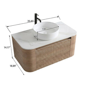 English Elm Erba 36 Inch Fluted Wall Mount Bathroom Vanity with Ceramic Sink and Towel Rack Honey Oak W1865S00307