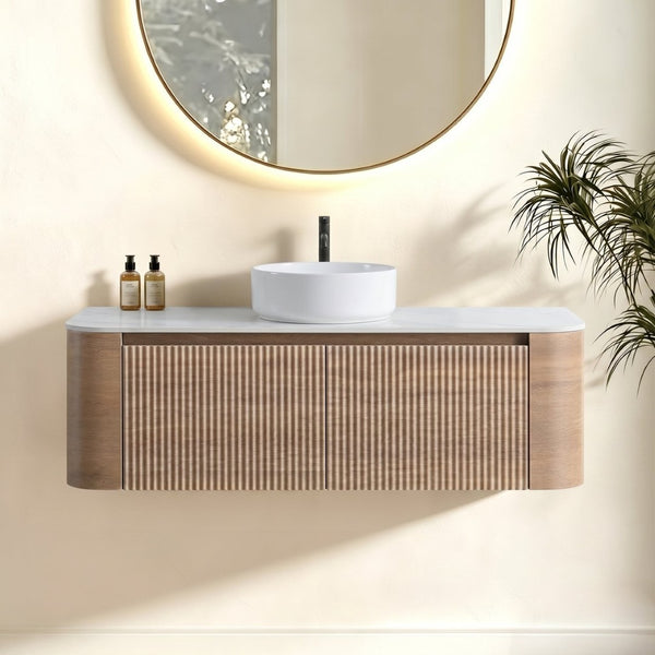 English Elm Erba Fluted Wall Mounted Bathroom Vanity with Ceramic Sink and Soft Close Drawer Honey Oak W1865S00308