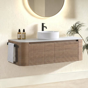 English Elm Erba Fluted Wall Mounted Bathroom Vanity with Ceramic Sink and Soft Close Drawer Honey Oak W1865S00308