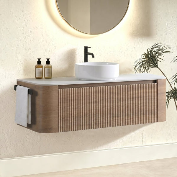 English Elm Erba Fluted Wall Mounted Bathroom Vanity with Ceramic Sink and Soft Close Drawer Honey Oak W1865S00308