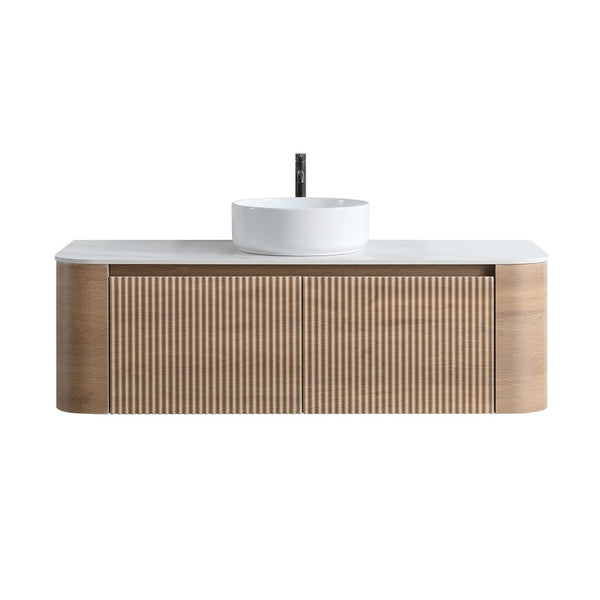 English Elm Erba Fluted Wall Mounted Bathroom Vanity with Ceramic Sink and Soft Close Drawer Honey Oak W1865S00308