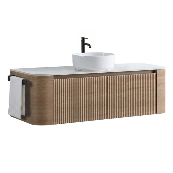 English Elm Erba Fluted Wall Mounted Bathroom Vanity with Ceramic Sink and Soft Close Drawer Honey Oak W1865S00308