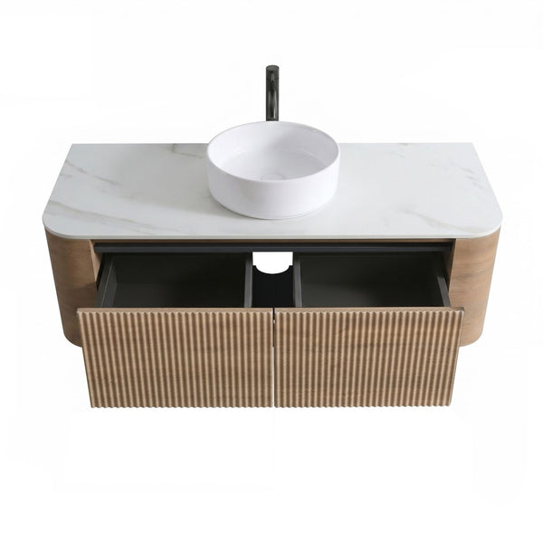 English Elm Erba Fluted Wall Mounted Bathroom Vanity with Ceramic Sink and Soft Close Drawer Honey Oak W1865S00308