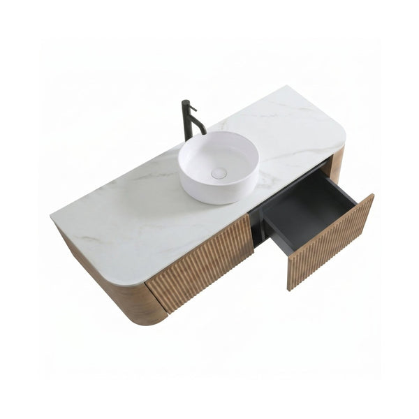 English Elm Erba Fluted Wall Mounted Bathroom Vanity with Ceramic Sink and Soft Close Drawer Honey Oak W1865S00308